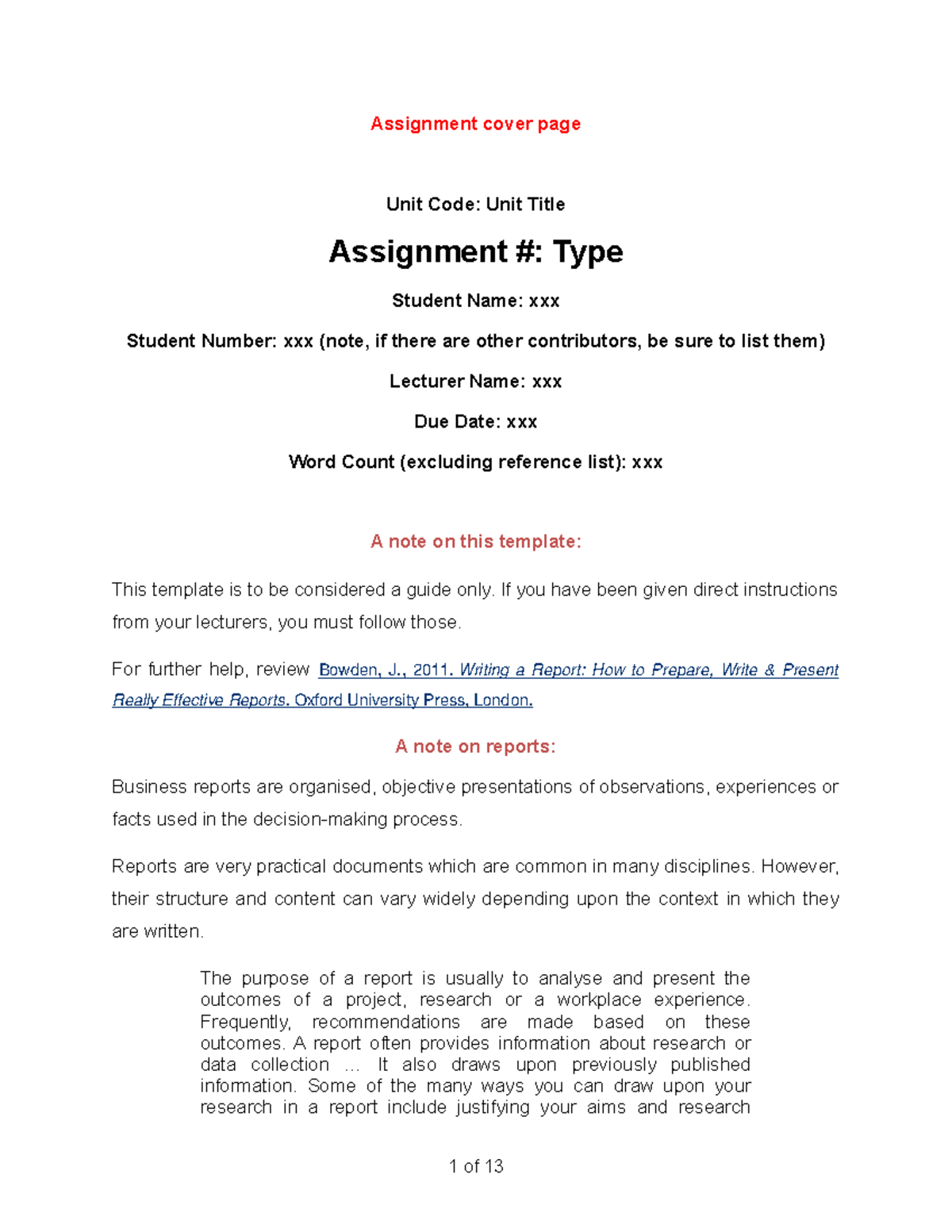 Report Template - Assignment cover page Unit Code: Unit Title ...