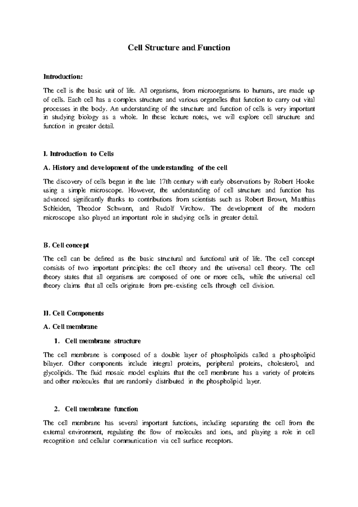 Cell Structure and Function: Key Concepts in Biology Lecture Notes ...