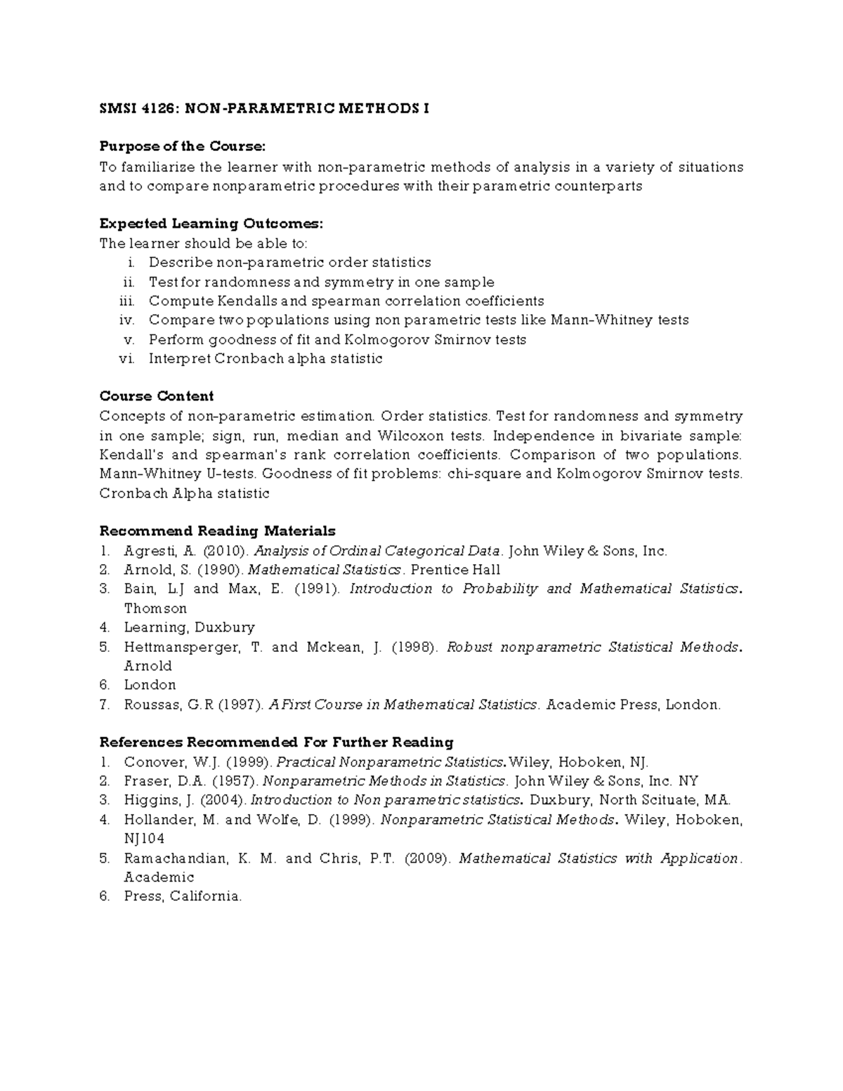 SMSI 4126: Nonparametric Statistical Methods Overview and Applications ...