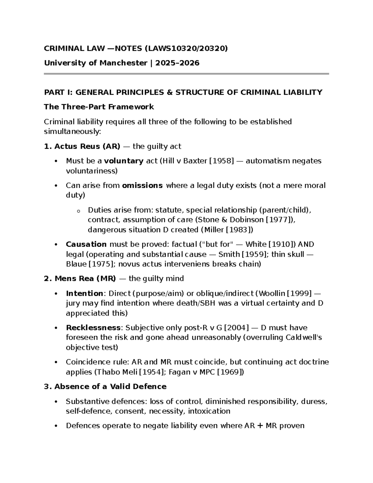 CRIM 101: Comprehensive Notes on Criminal Law Principles and Cases ...