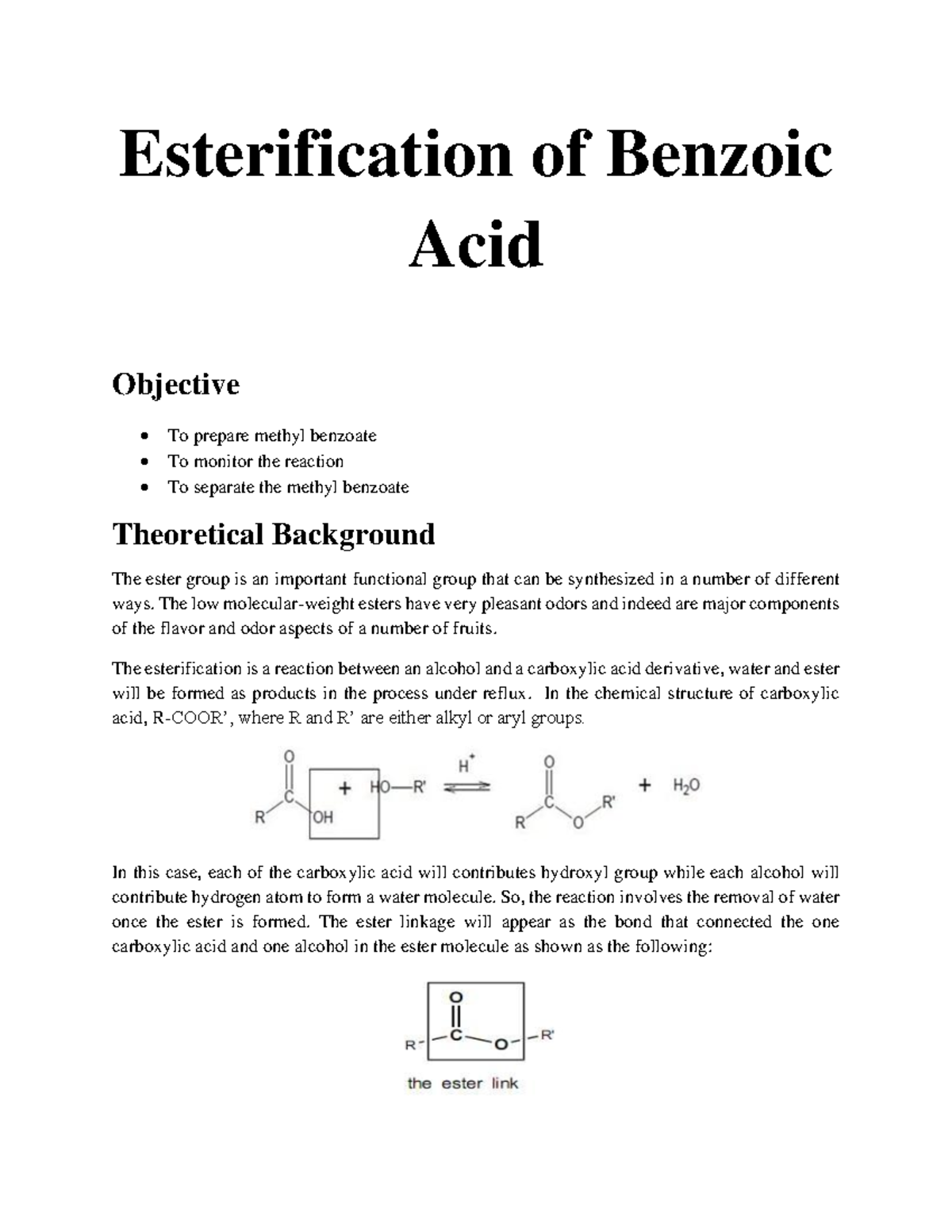 Esterification of Benzoic Acid: Methyl Benzoate Synthesis CHM273 - Studocu