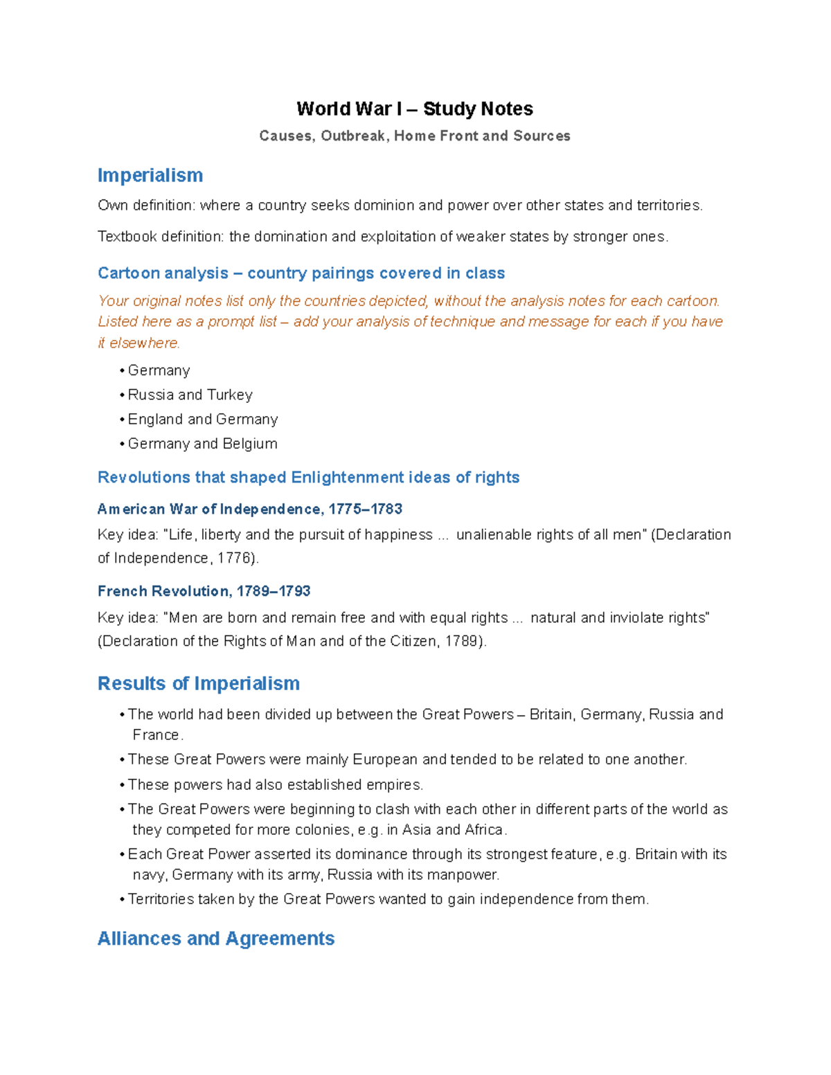 World War I Study Notes: Causes and Key Events - Studocu