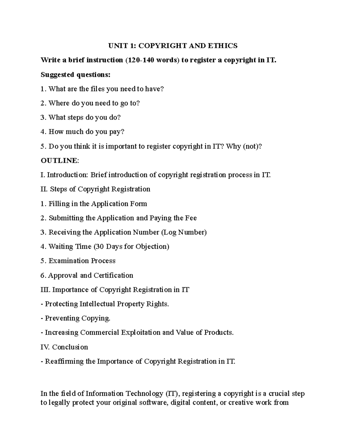 UNIT 1: Copyright Registration Process in IT (202651) - Studocu