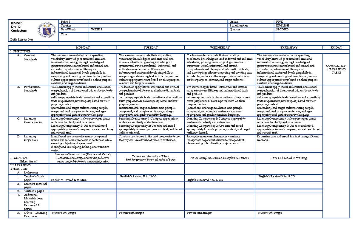 Q2 DLL WEEK 7 - English V Daily Lesson Log - Studocu