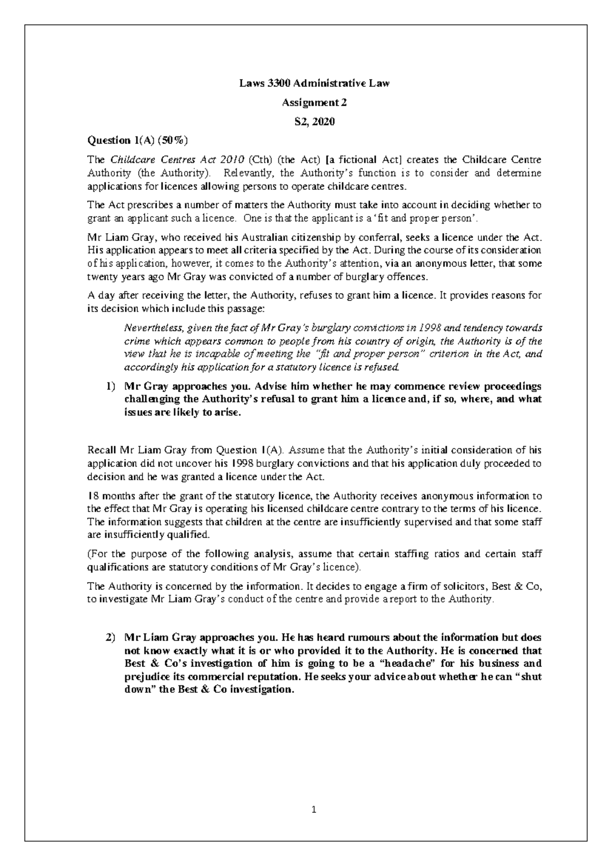 Final Exam Questions LAWS3300 2020 - 1 Laws 3300 Administrative Law ...