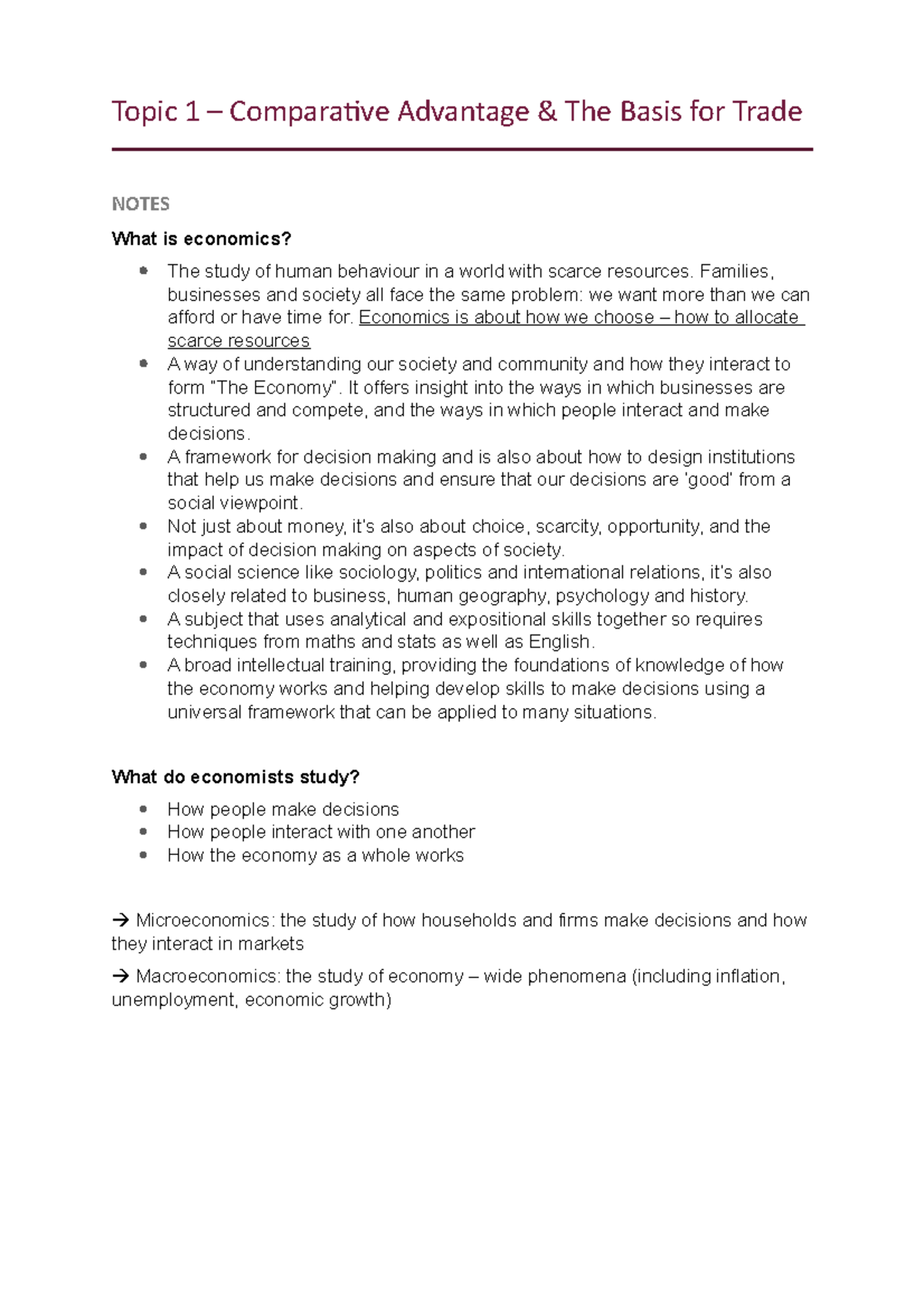 Week 1 Lecture Notes: Comparative Advantage & Trade Basics - Studocu