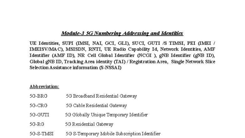 Module-3 Notes - NIL - Module-3 5G Numbering Addressing and Identities ...
