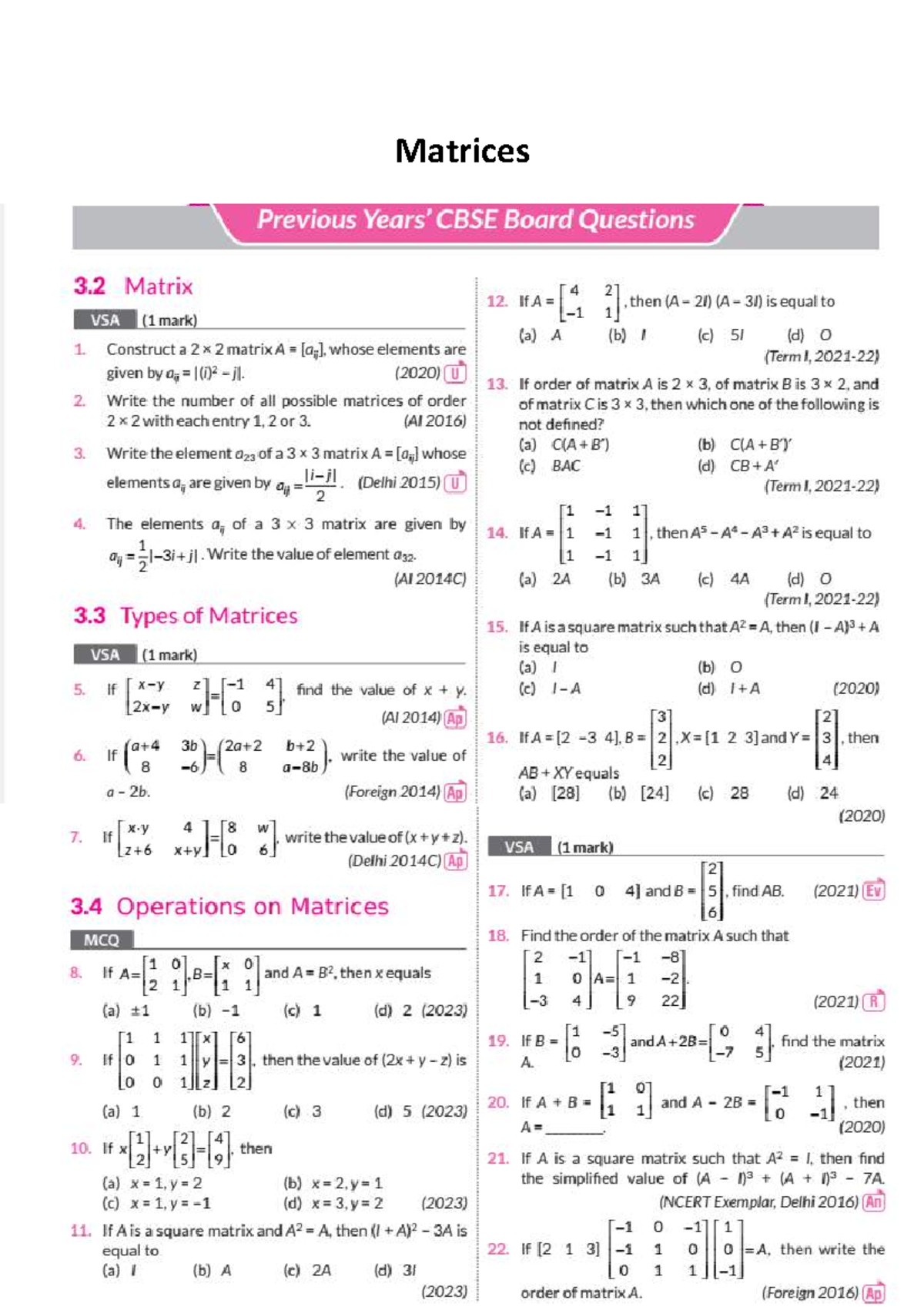 Matrix pdf - Physics class - Matrices Previous CBSE Board Questions 3 ...