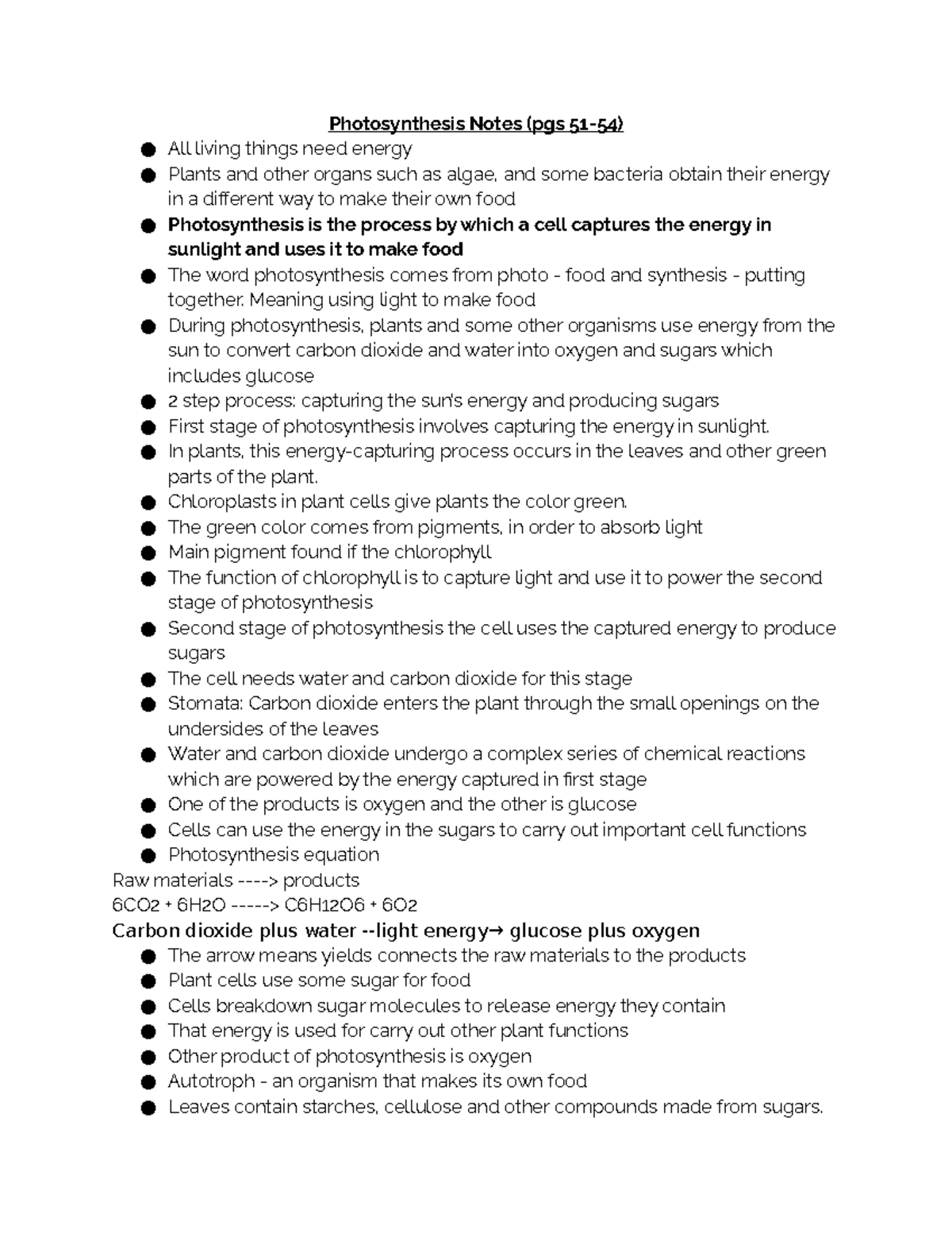 Photosynthesis Notes - Meaning using light to make food During ...
