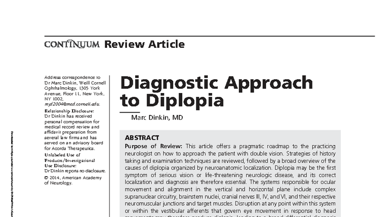 Diagnostic Approach to Diplopia: A Comprehensive Review (AAN 2014 ...