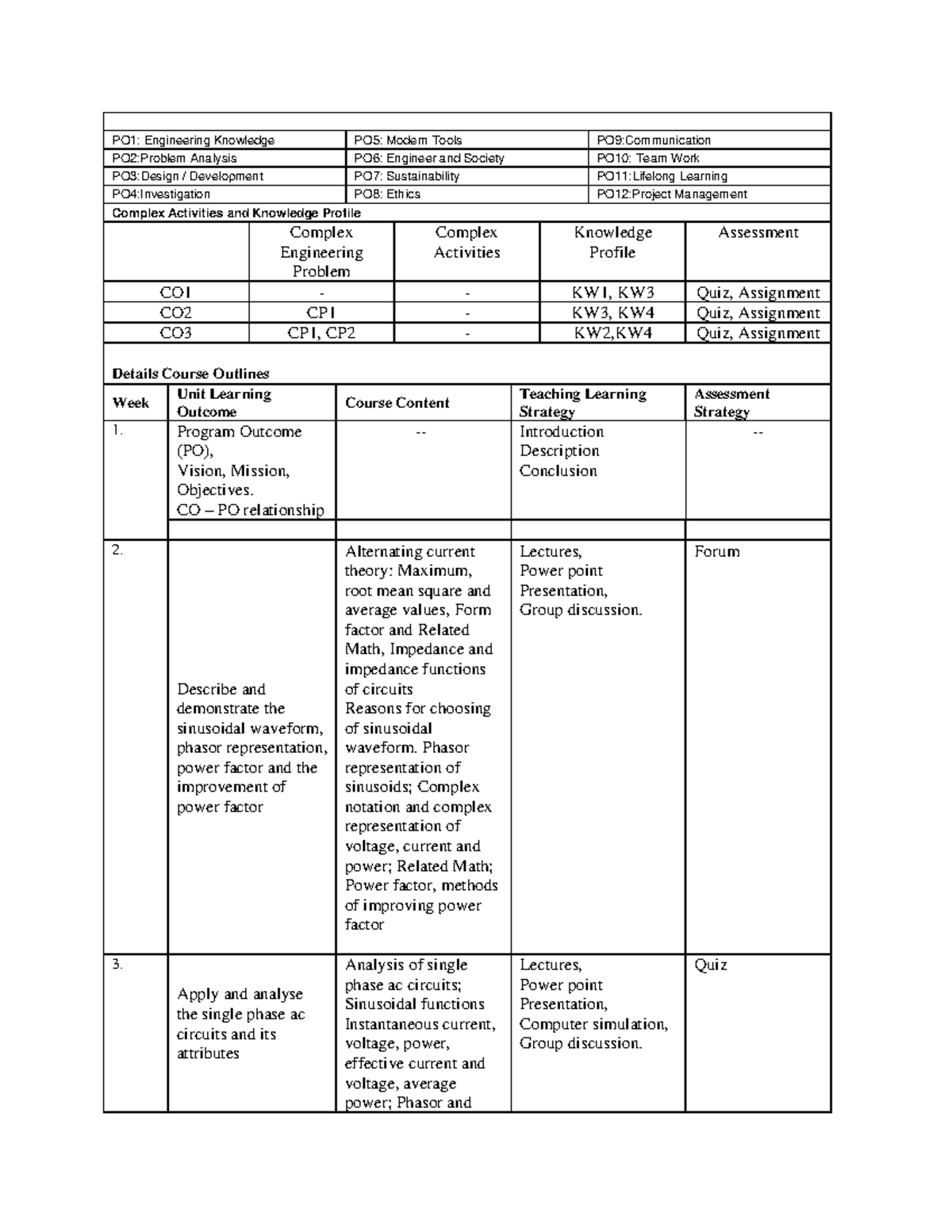 Electrical Circuit II OBE-3: Complex Engineering Concepts and ...