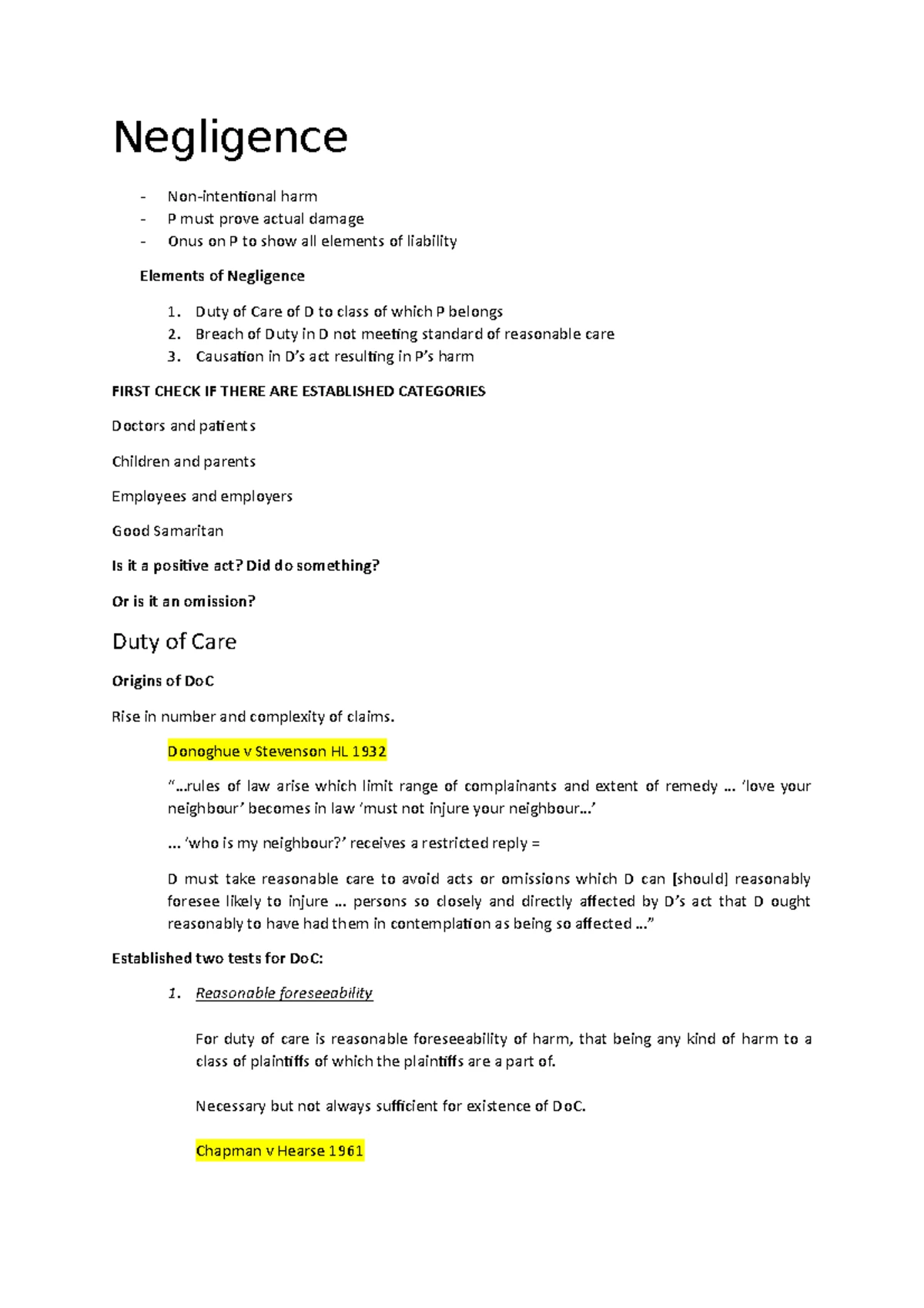 Torts (LAW101) Summary Notes on Negligence and Duty of Care - Studocu