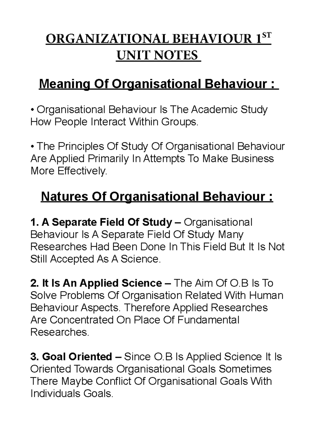 1st Unit Full Complete Notes PDF - ORGANIZATIONAL BEHAVIOUR 1 ST UNIT ...