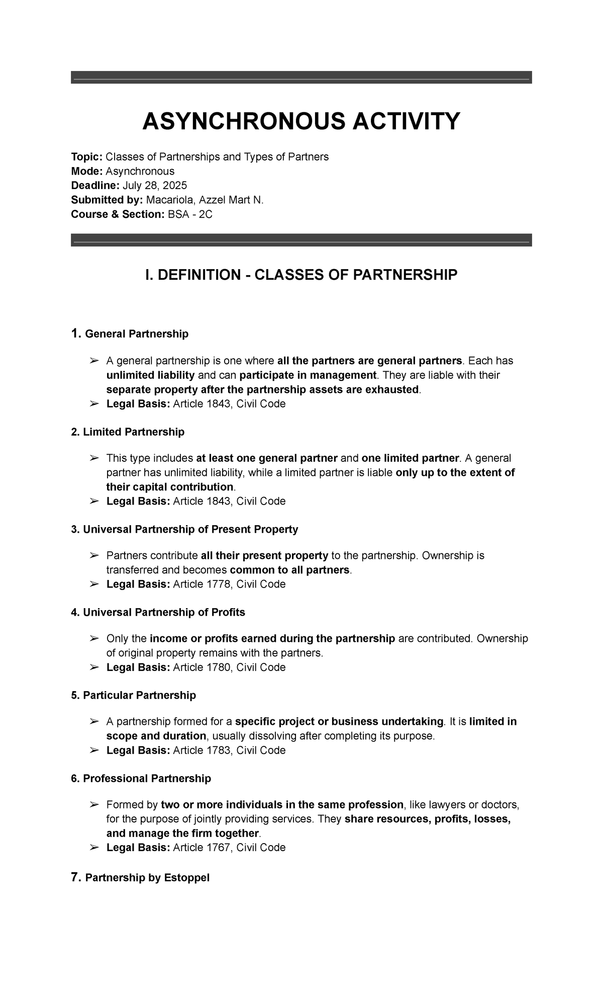 BSA 2C: Define and Contrast Classes of Partnerships - Studocu