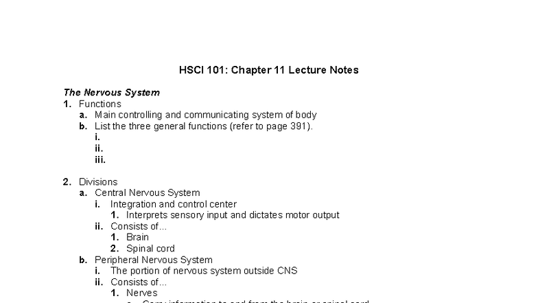 HSCI 101: Chapter 11 Lecture Notes on the Nervous System - Studocu
