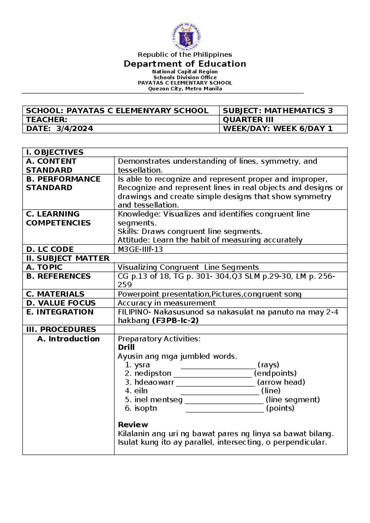 GRADE 1-12 DAILY LESSON LOG: WEEK 3, DAY 3 - APRIL 17, 2024 - Studocu