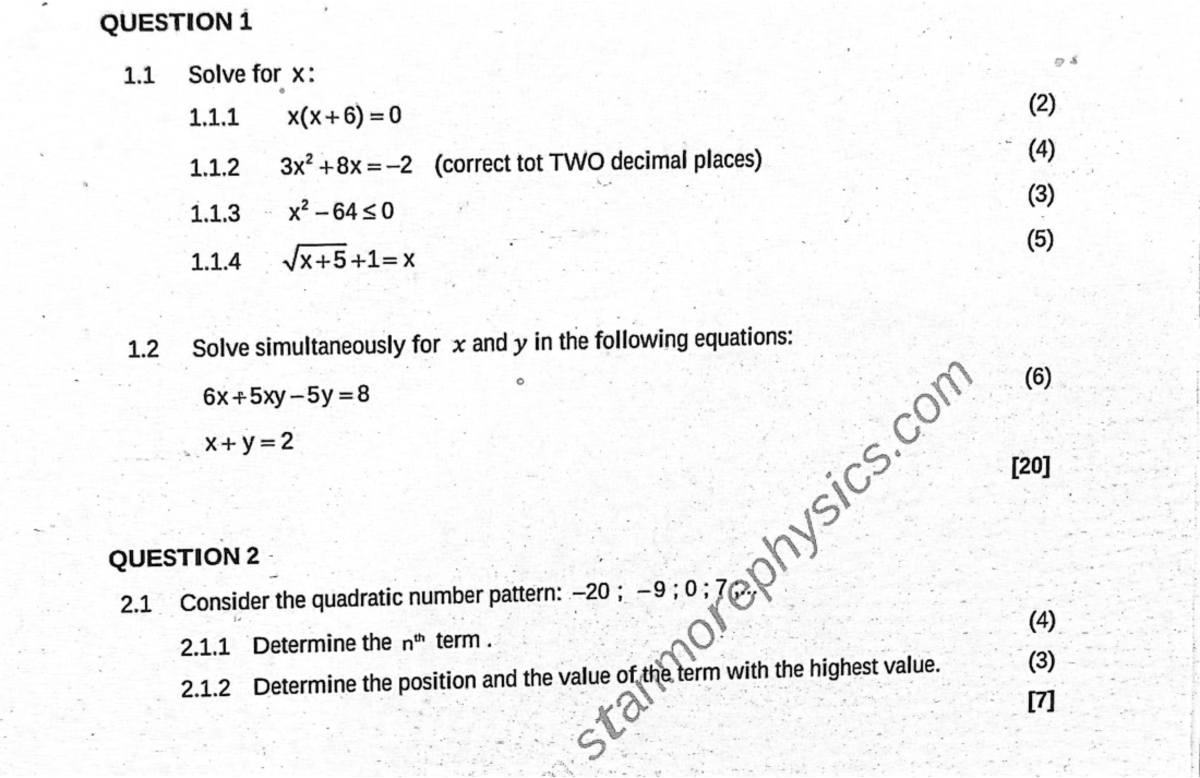 Grade 12 Math 2: Quadratic and Arithmetic Sequences Exam Review - Studocu