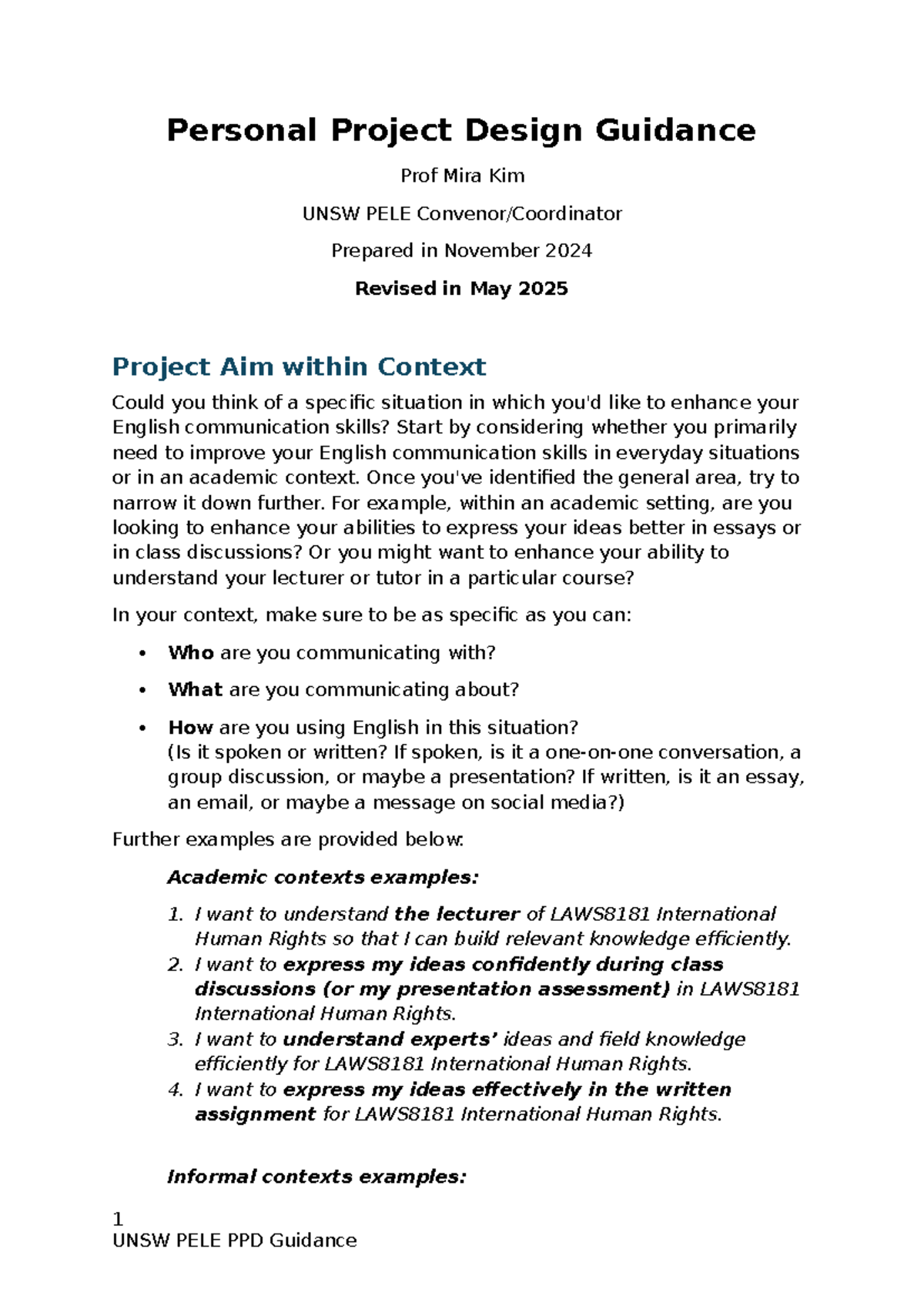 UNSW PELE Personal Project Design Guidance 2025 T2 - Studocu