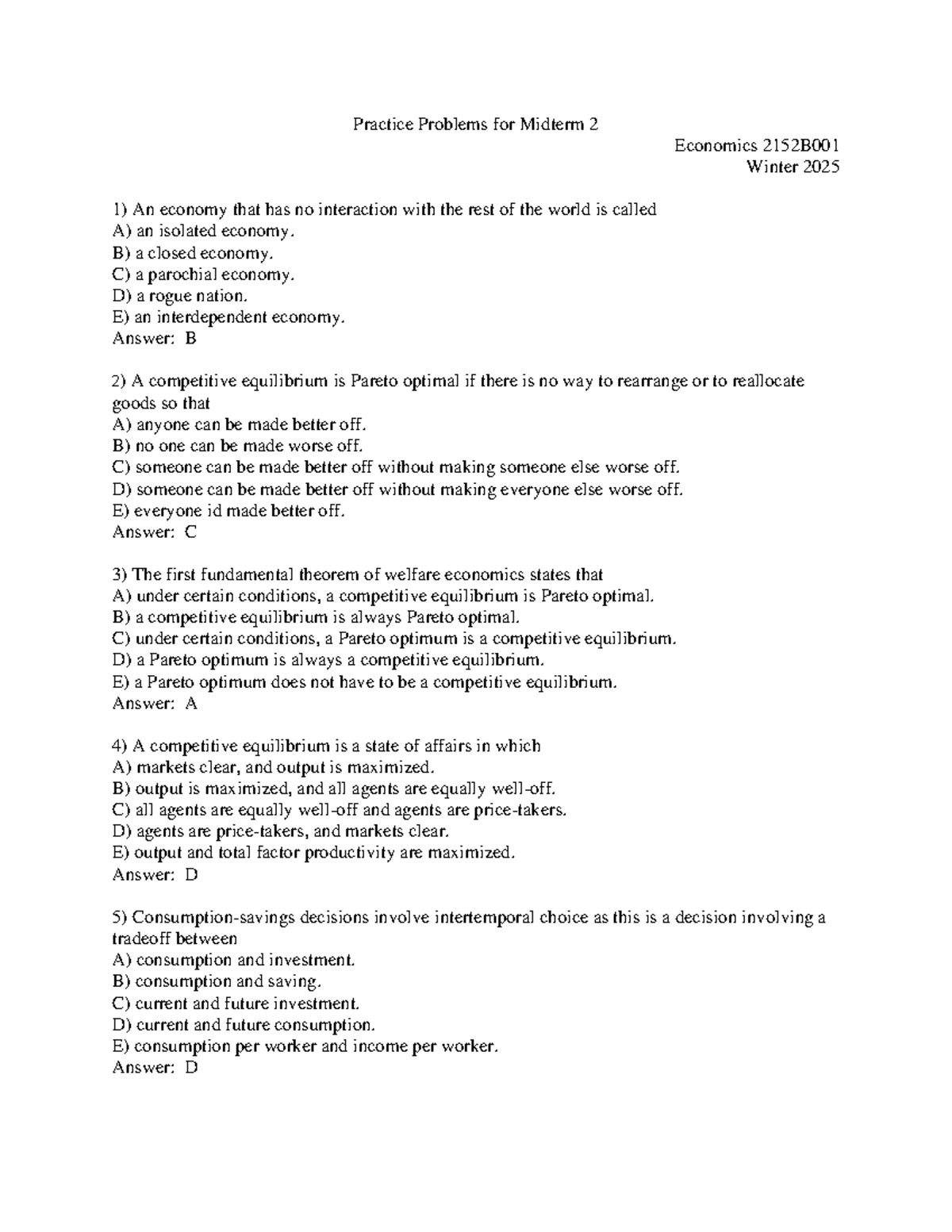 Practice problems for midterm 2 economics 2152B001 winter 2025 - Studocu