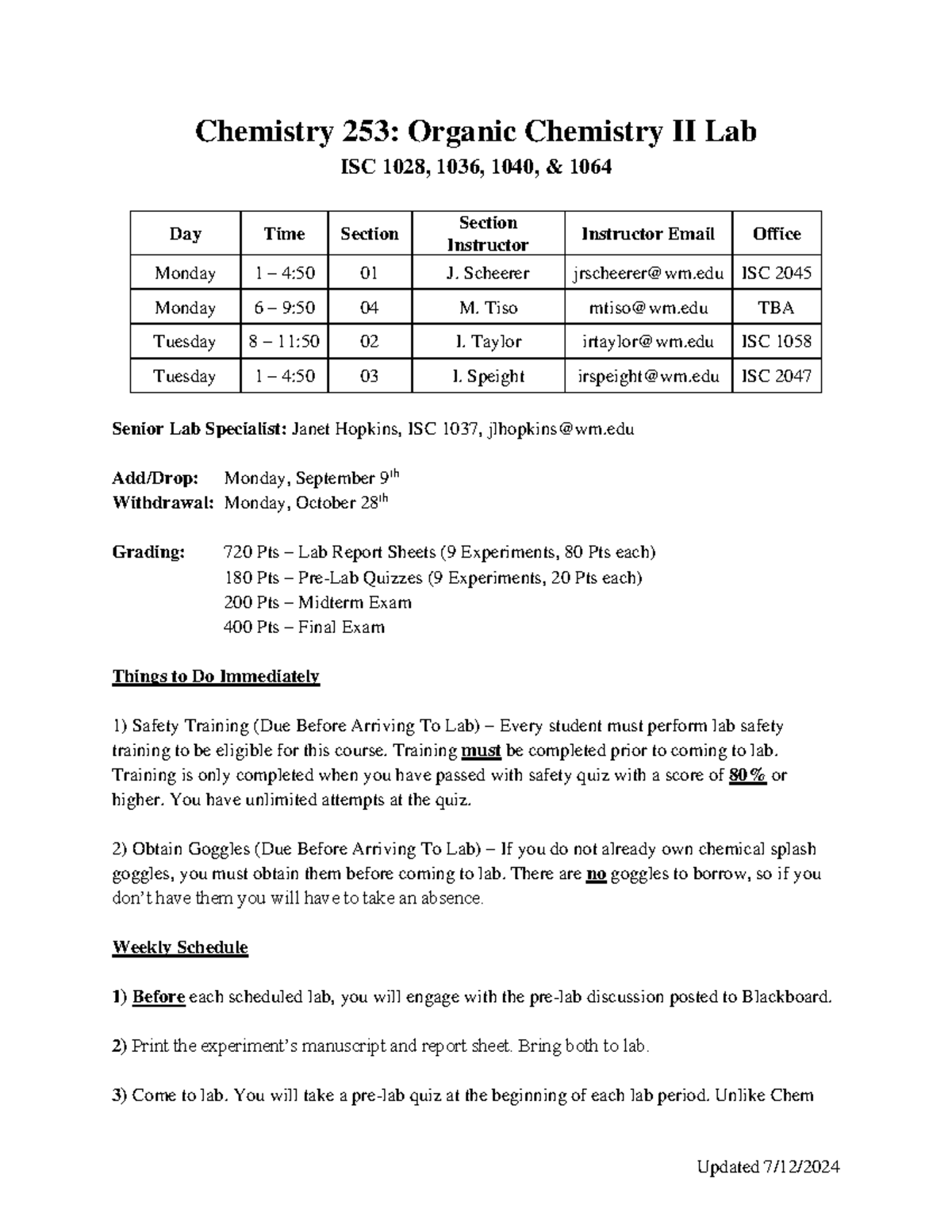 Chemistry 253: Organic Chemistry II Lab Syllabus Fall 2024 - Studocu
