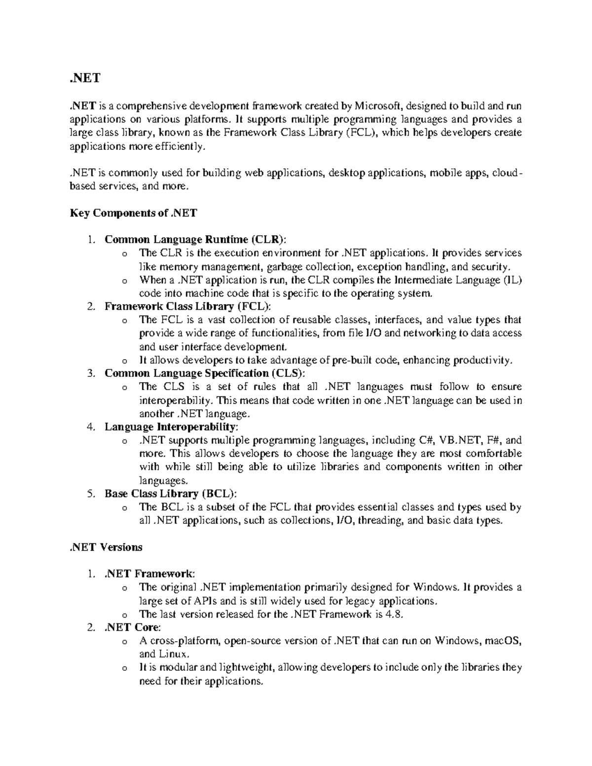 Unit 1 - .NET Framework Overview and Key Components - Studocu