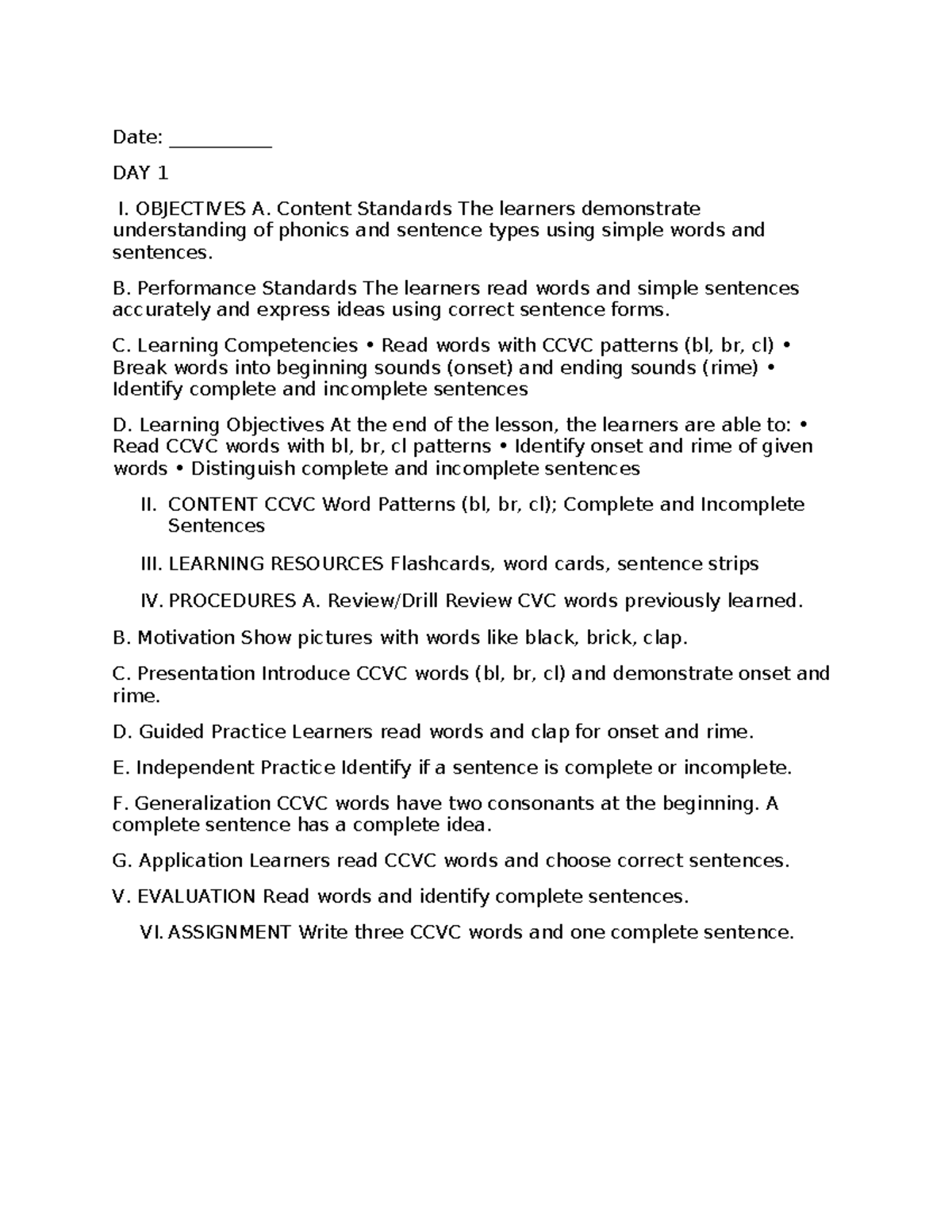 English 2 Week 6 Lesson Planning: CCVC Patterns & Sentence Types - Studocu