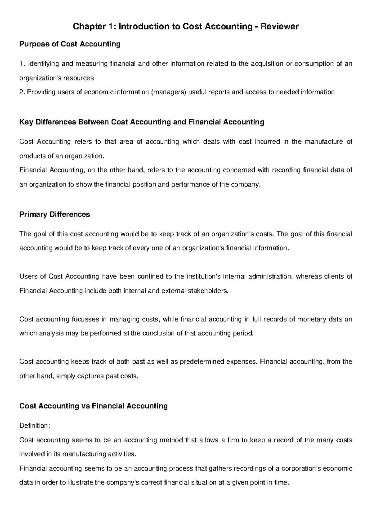 Cost Accounting 101: Chapter 1 Overview & Key Differences - Studocu