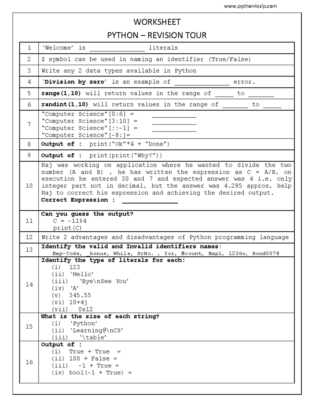 12 CS Worksheet - Python Fundamentals and Revision Exercises - Studocu