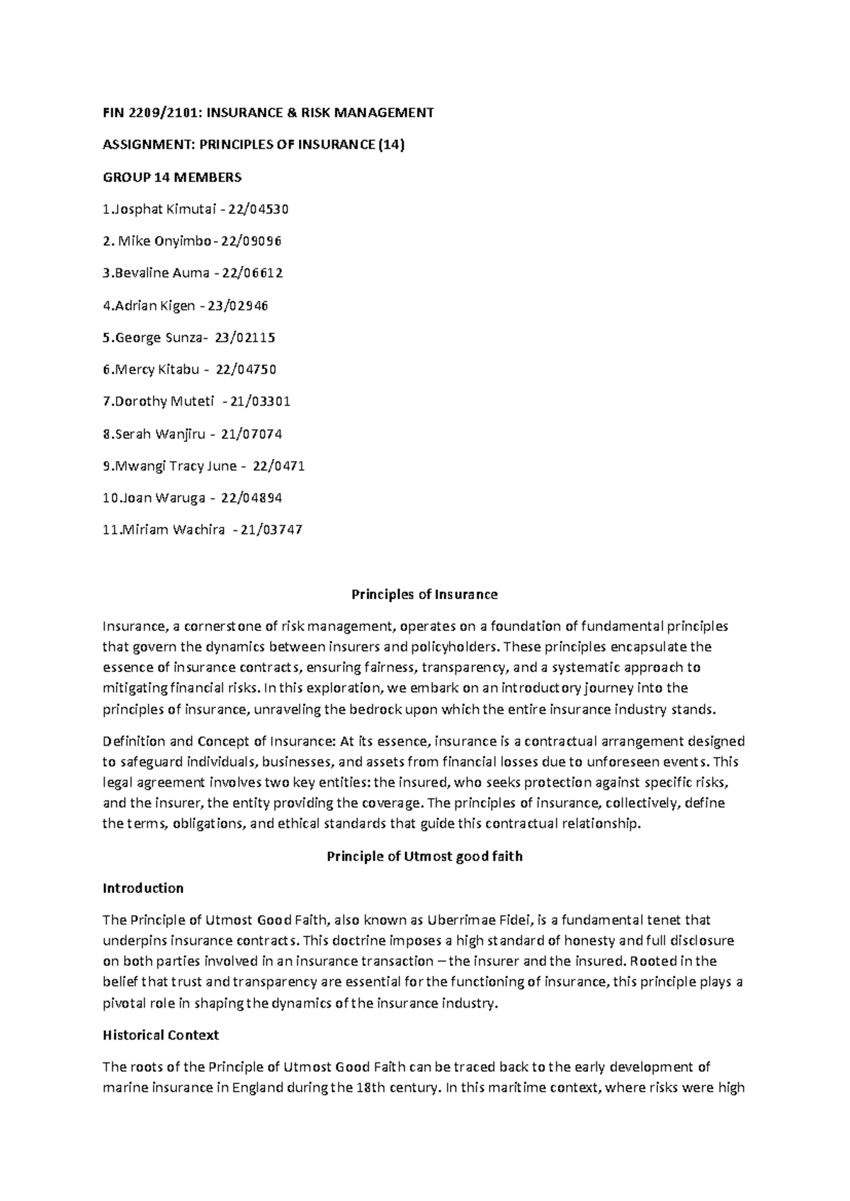 Principles of Insurance - FIN 2209/2101 Group 14 Assignment - Studocu