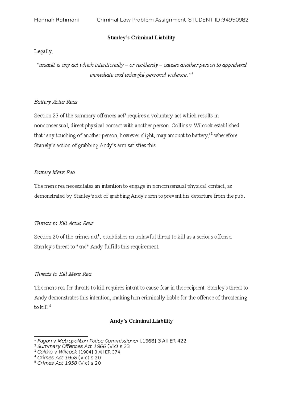 Criminal Law Problem Assignment: Analyzing Liability in Assault Cases ...