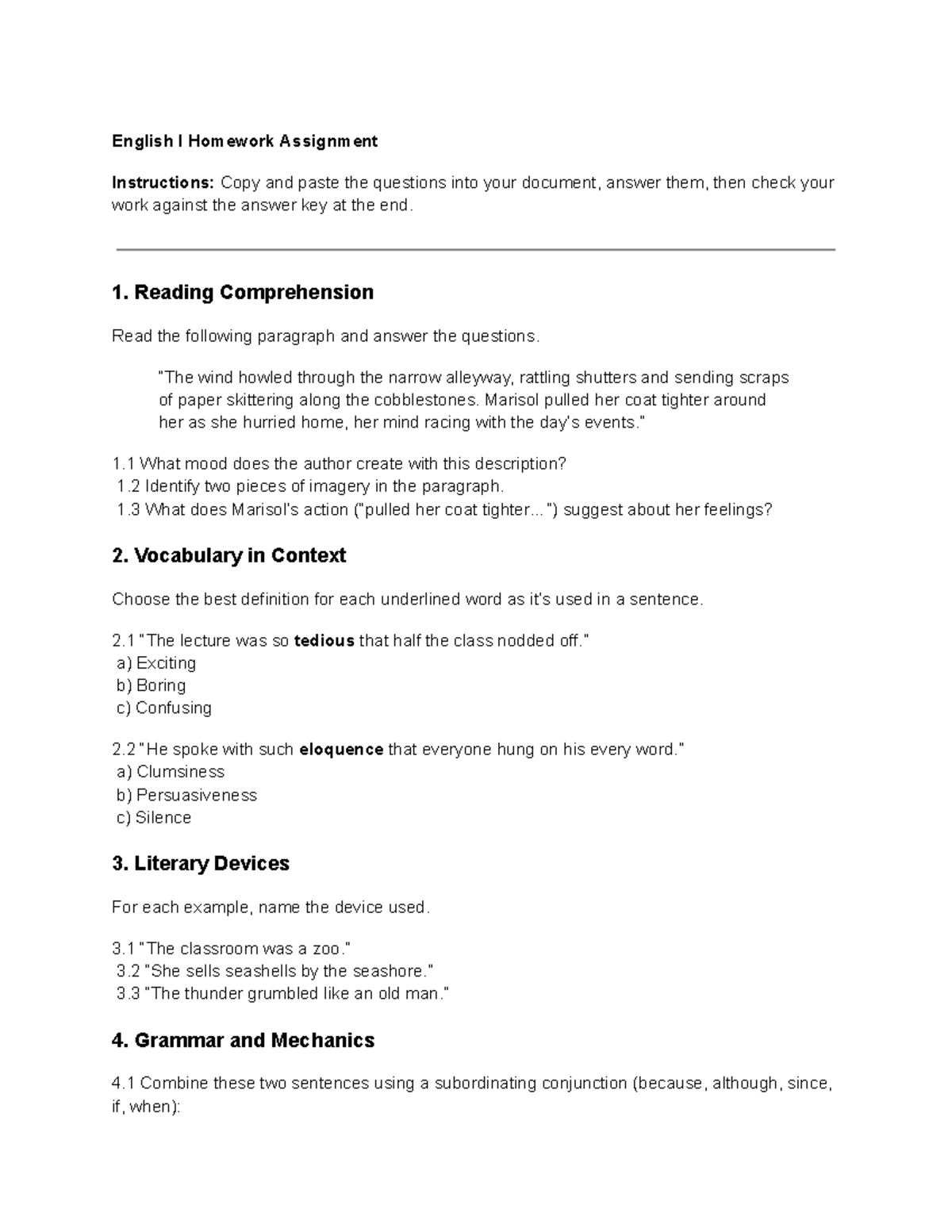 English I Homework Assignment Instructions and Practice Test - Studocu