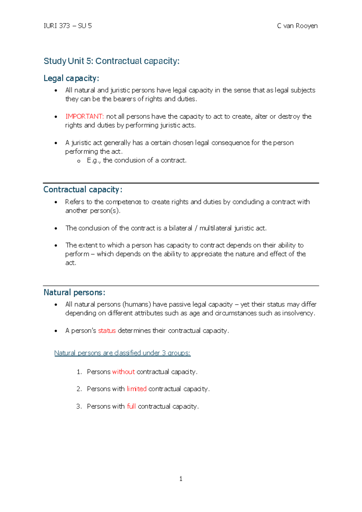 IURI 373 SU 5 C van Rooyen Study Unit 5: Understanding Contractual ...