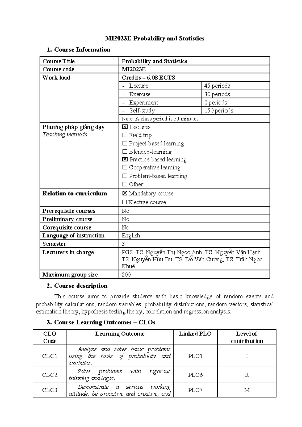 MI2023E Probability and Statistics 1 Course Overview 2025-2026 - Studocu