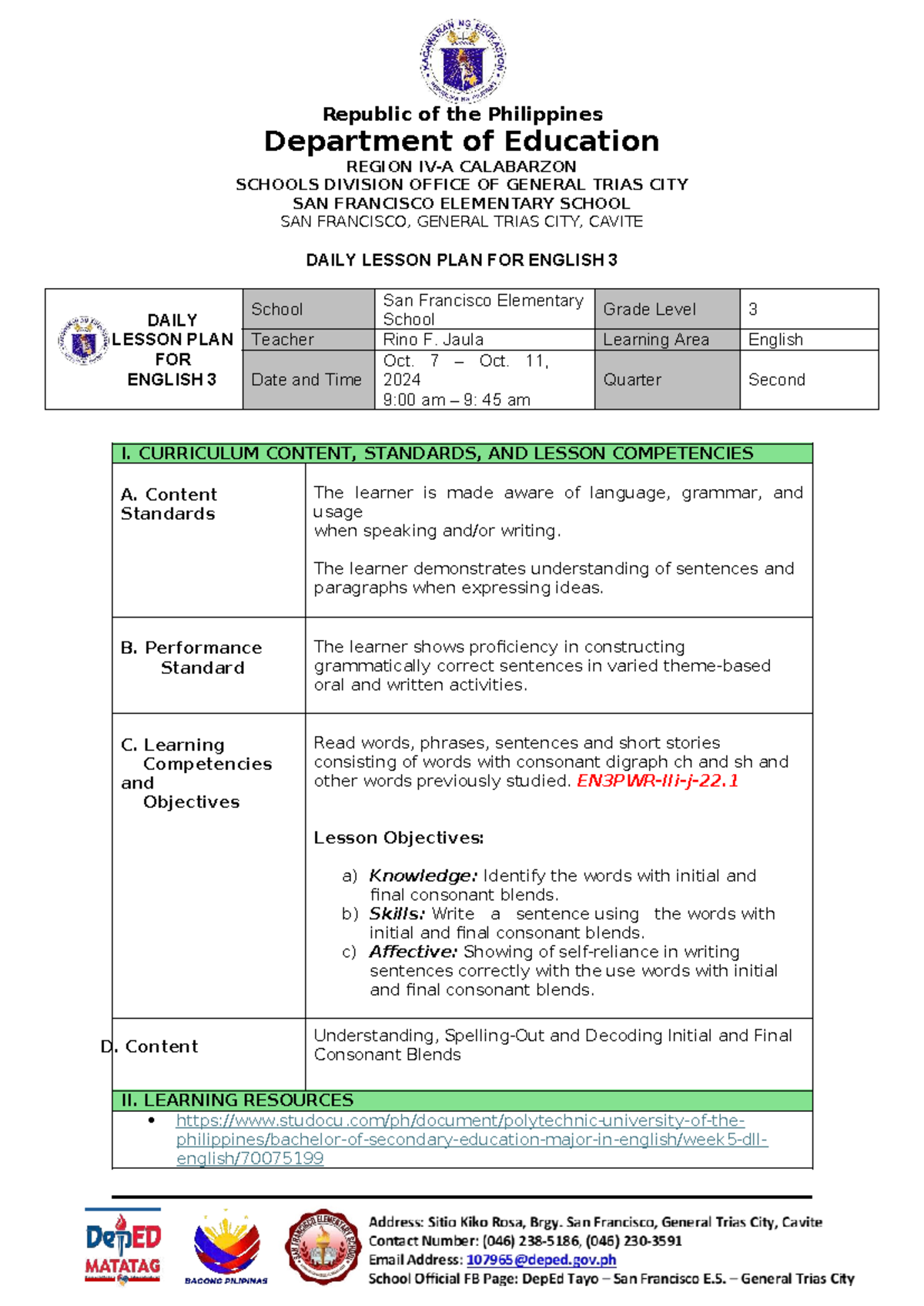 DLP-Q2-W3: Daily Lesson Plan for English 3 by Rino F. Jaula - Studocu
