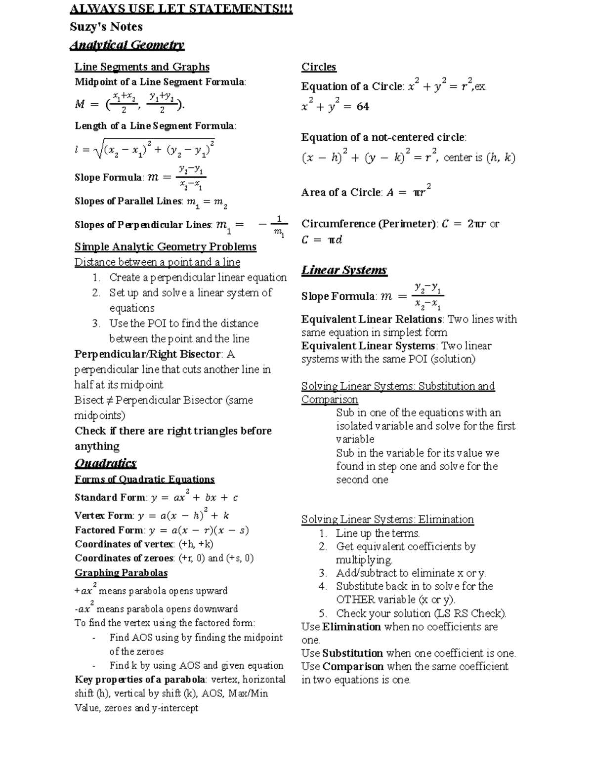 Grade 10 Math Notes - Analytical Geometry & Quadratics - Suzy - Studocu
