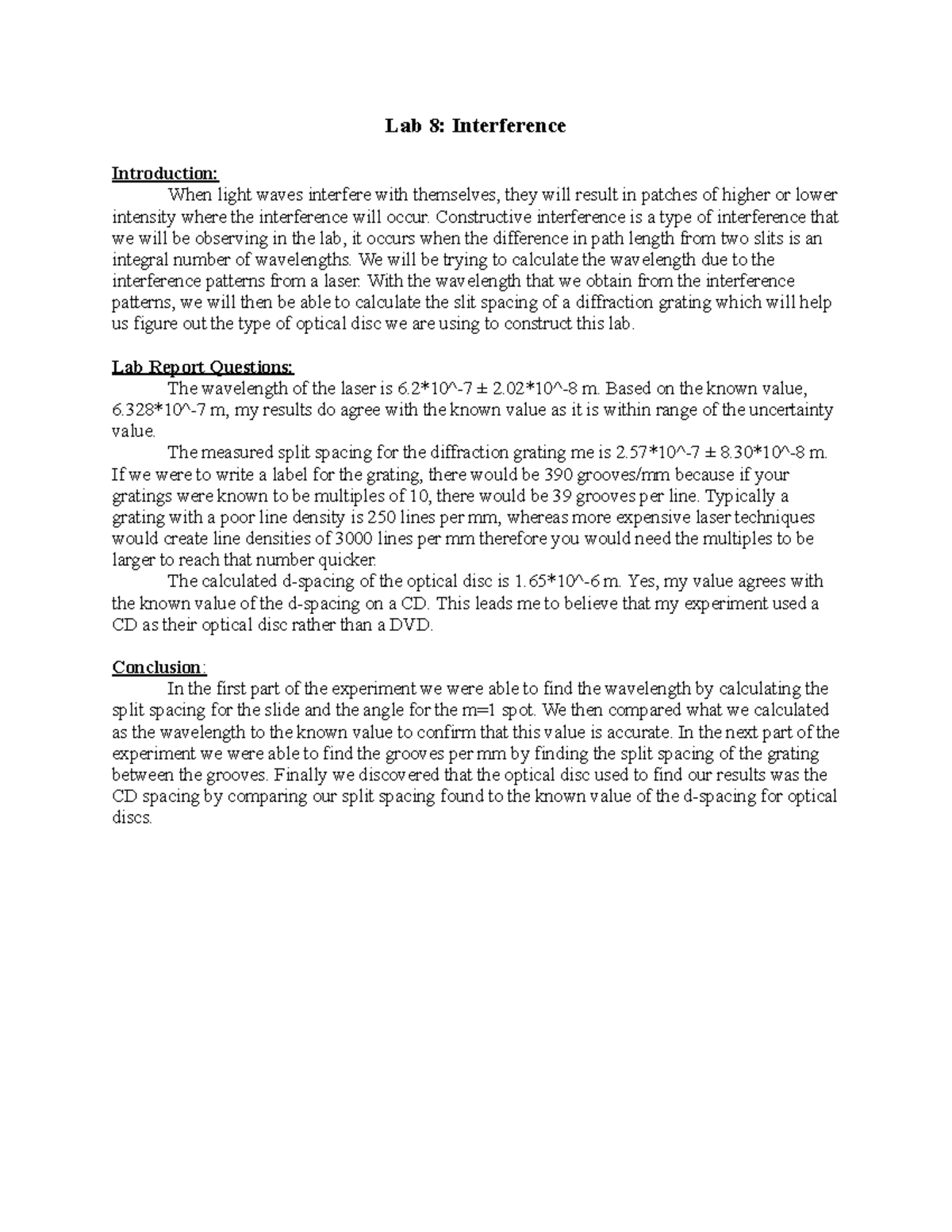 Lab 8 Interference - lab work - Lab 8: Interference Introduction: When ...