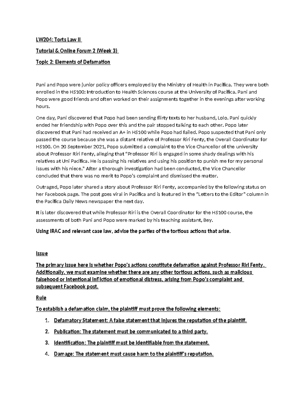 LW204: Torts Law II Week 3 Tutorial - Defamation Elements Analysis ...