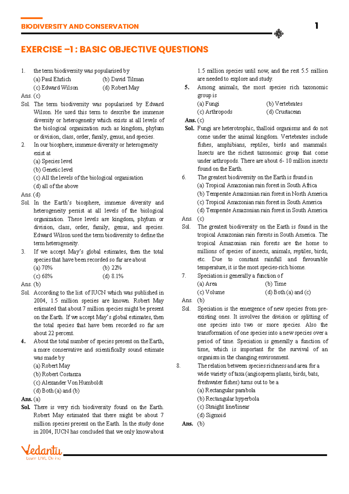 1 BIODIVERSITY AND CONSERVATION EXERCISE: OBJECTIVE QUESTIONS AND ...