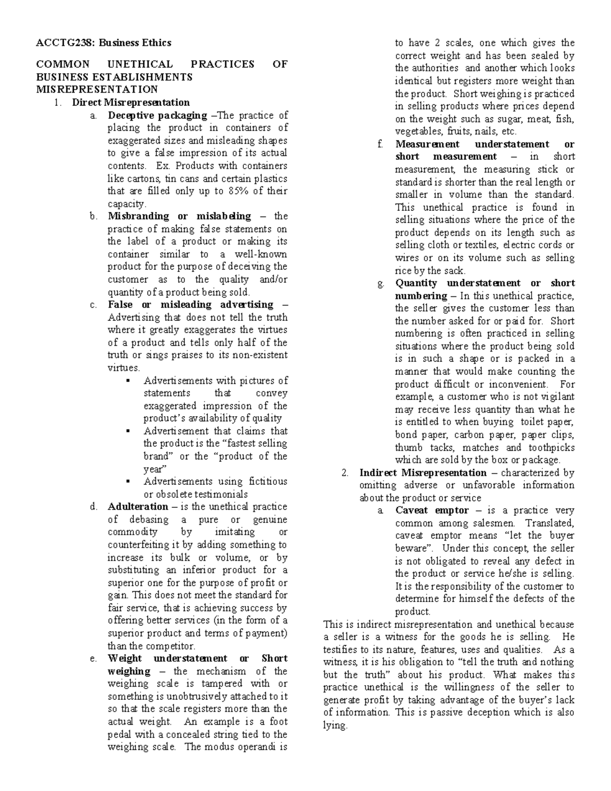 ACCTG238: Business Ethics - Common Unethical Practices in Business ...