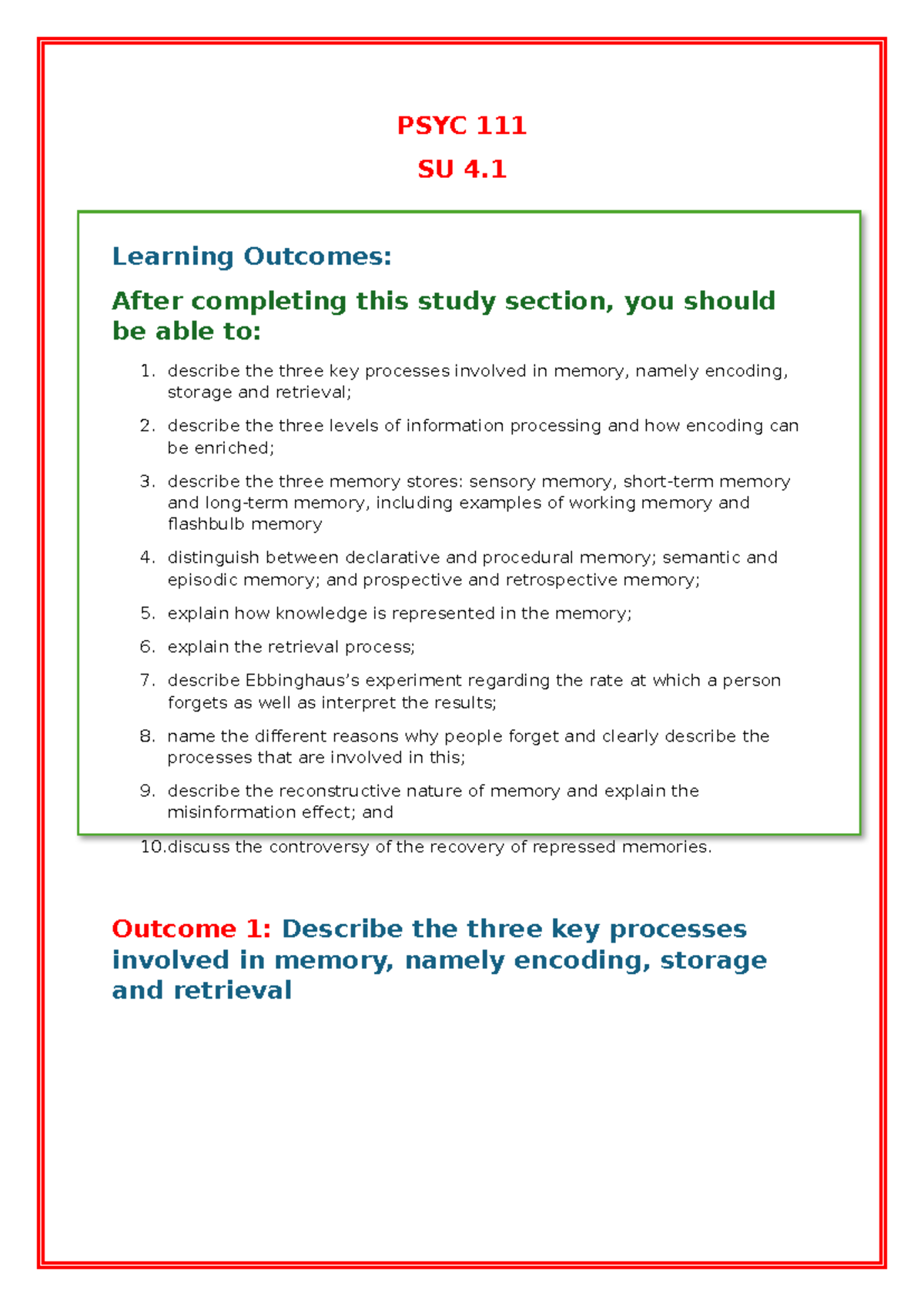 PSYC SU 4 - PSYC 111 Memory Processes and Forgetting Concepts Notes ...