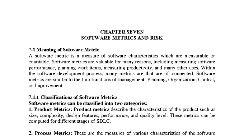 SEN 201 Introduction to Software Eng: Chapter 7 - Software Metrics ...