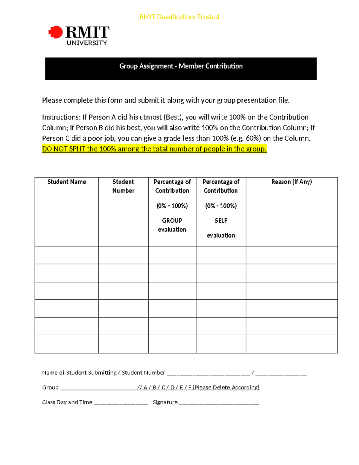 Group Contribution Form PHT for Assessment Submission - Studocu