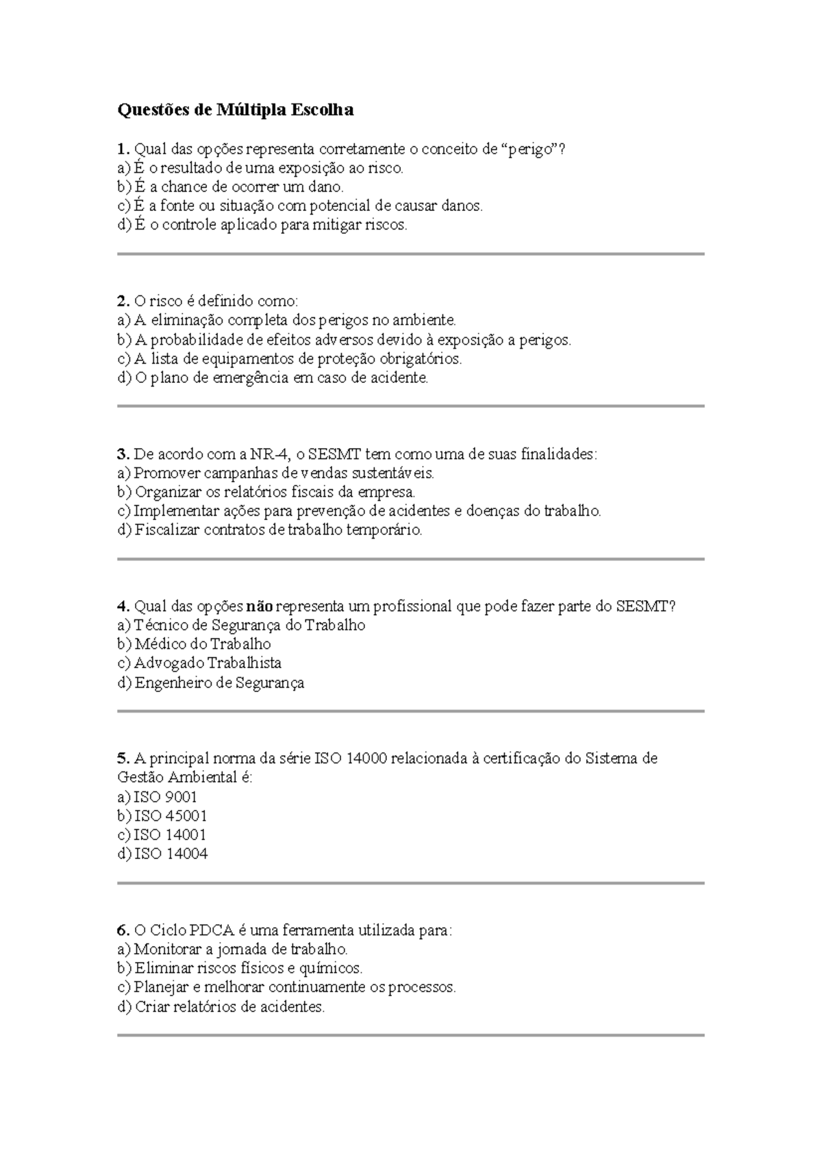 Questões de Múltipla Escolha - Segurança do Trabalho e Meio Ambiente ...