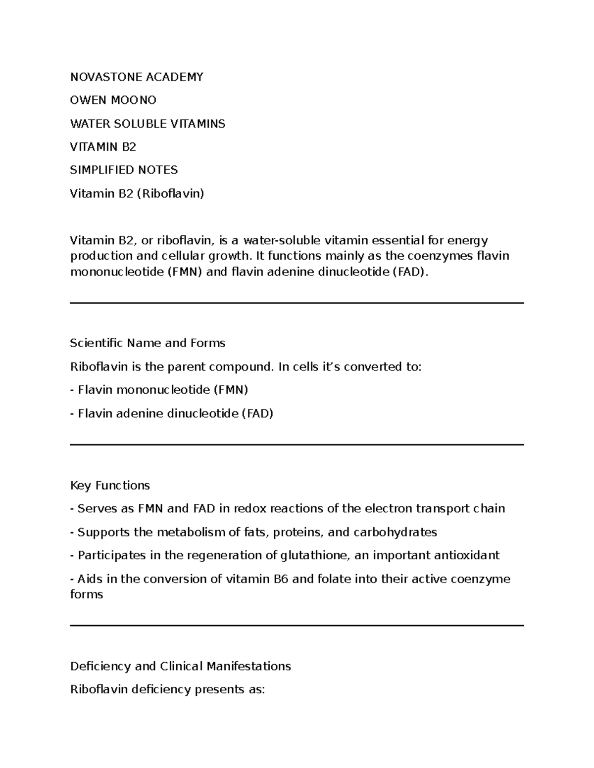 NOVASTONE ACADEMY: VITAMIN B2 (RIBOFLAVIN) SIMPLIFIED NOTES