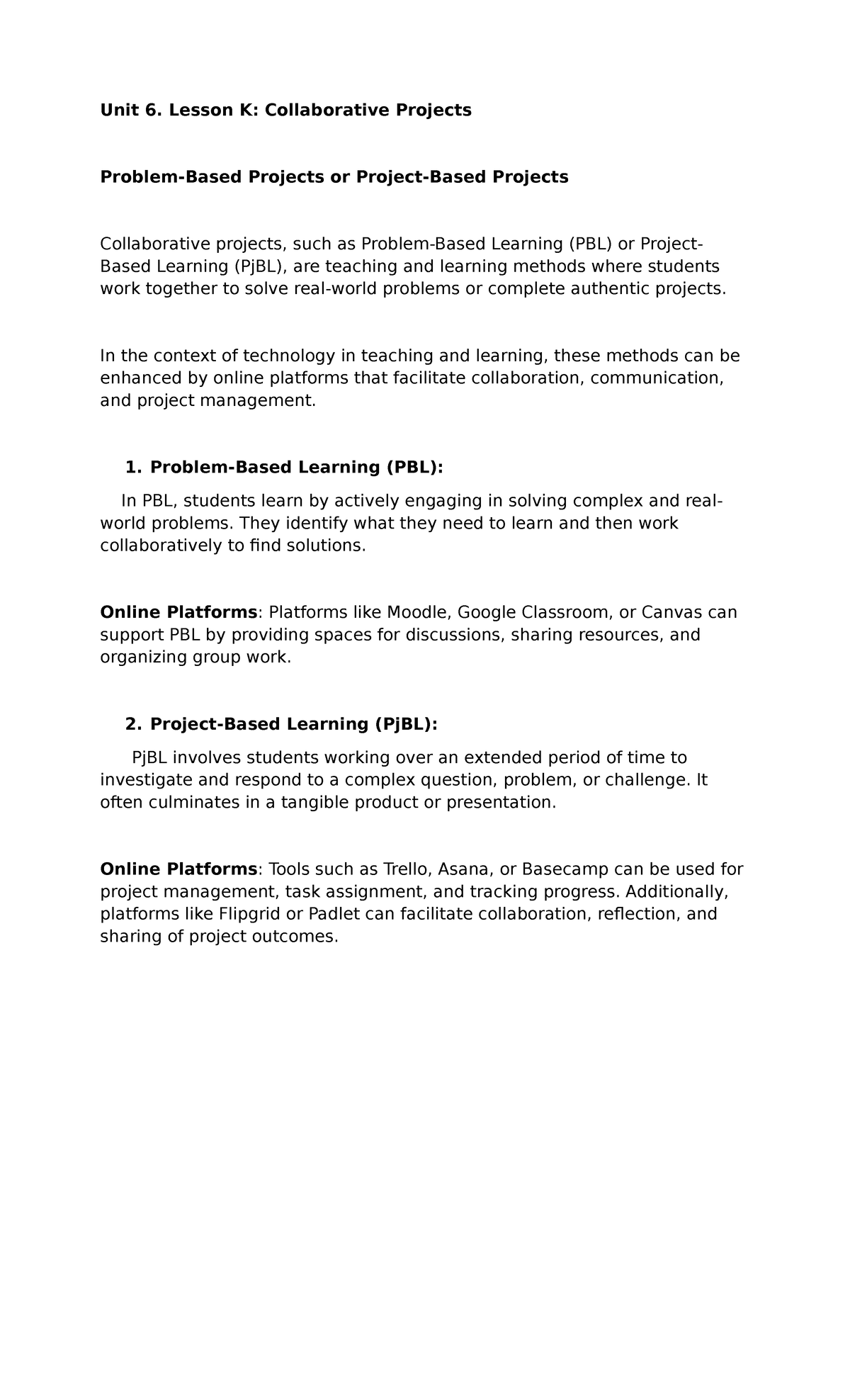 Unit 6: Lesson K - Collaborative Projects and Learning Methods - Studocu