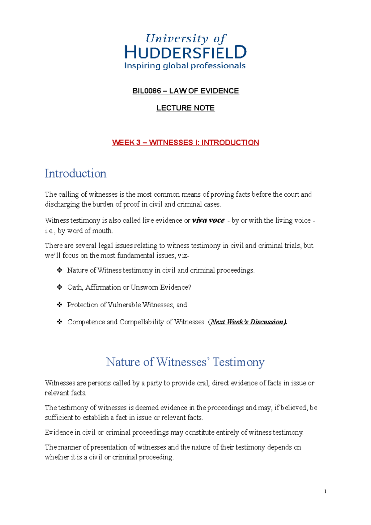BIL0086 Lecture 3: Introduction to Witnesses in Law of Evidence - Studocu