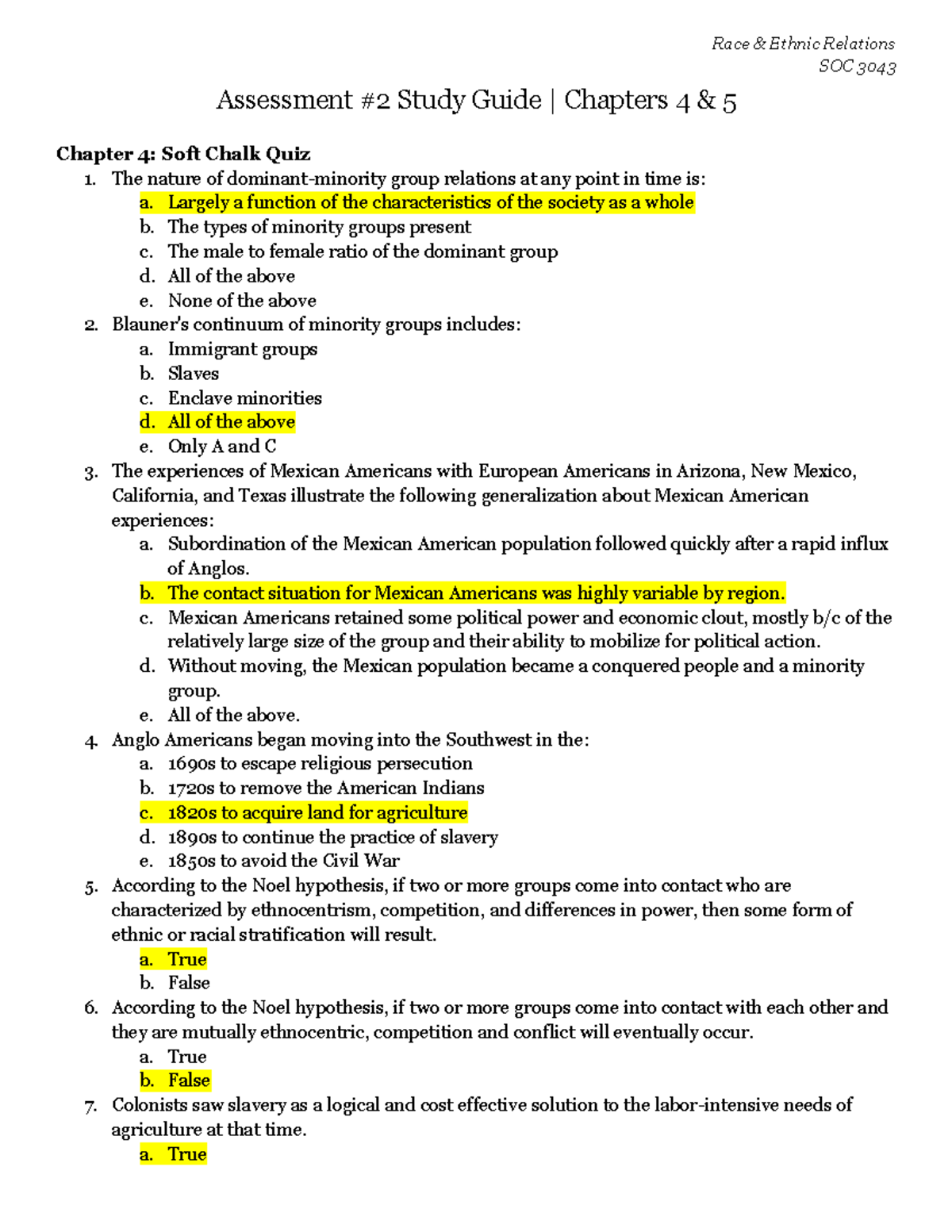 SOC 3043 | Race and Ethnic Relations | Assessment 2 Study Guide ...
