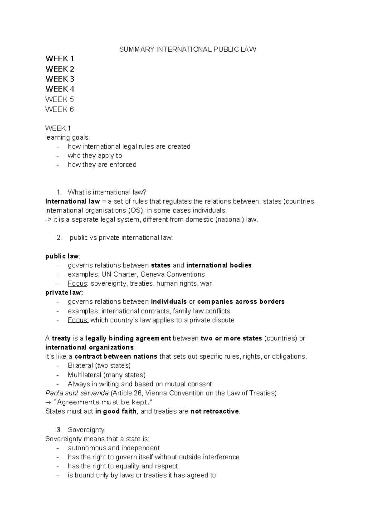 Summary of International Public Law: Weeks 1-6 Overview - Studeersnel