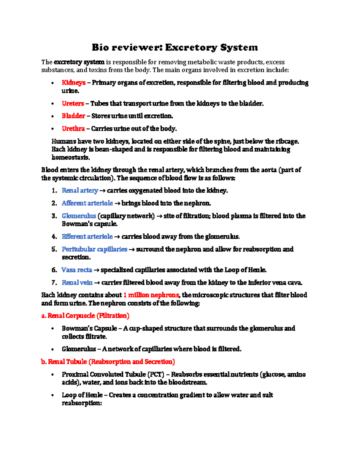 Bio-Reviewer: Excretory System Overview and Kidney Functions - Studocu
