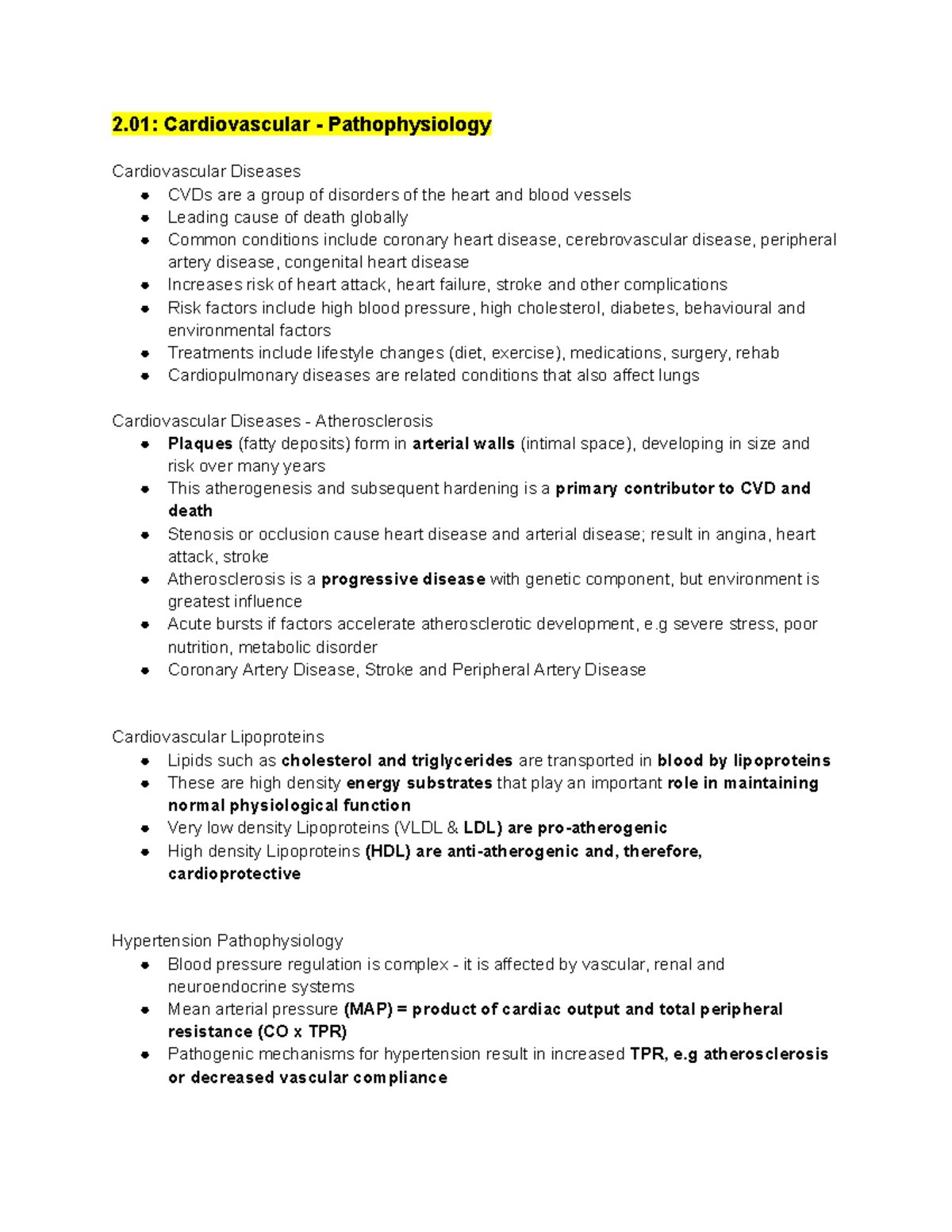 2.01: Cardiovascular Pathophysiology and Management Overview - Studocu